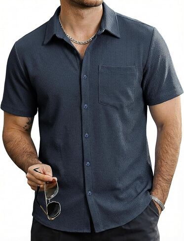 Mens Button Down Short Sleeve Shirts Casual Waffle Summer Shirts Beach Vacation Shirt in Saudi Arabia
