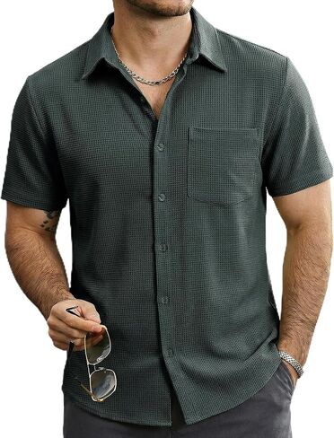 Mens Button Down Short Sleeve Shirts Casual Waffle Summer Shirts Beach Vacation Shirt in Saudi Arabia