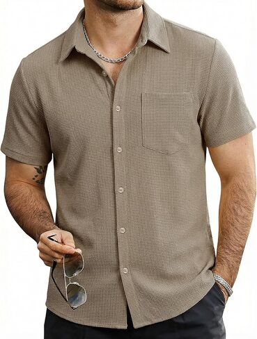 Mens Button Down Short Sleeve Shirts Casual Waffle Summer Shirts Beach Vacation Shirt in Saudi Arabia