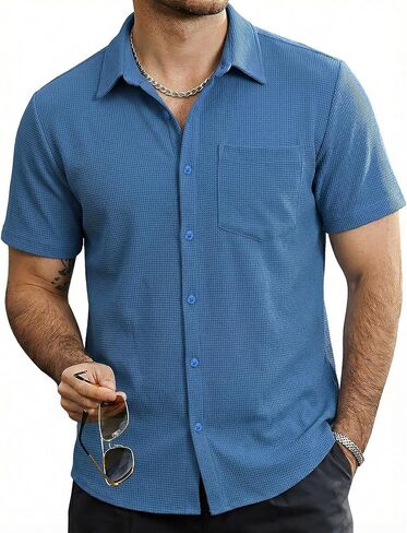 Mens Button Down Short Sleeve Shirts Casual Waffle Summer Shirts Beach Vacation Shirt in Saudi Arabia