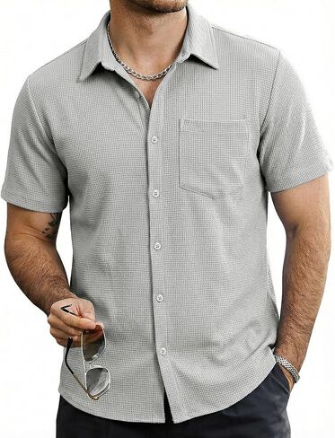 Mens Button Down Short Sleeve Shirts Casual Waffle Summer Shirts Beach Vacation Shirt in Saudi Arabia