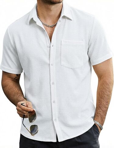 Mens Button Down Short Sleeve Shirts Casual Waffle Summer Shirts Beach Vacation Shirt in Saudi Arabia