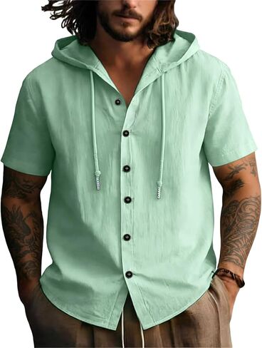 Lyocell Linen Shirts for Men Casual Summer Button Down T-Shirts Lightweight Fashion Beach Hooded Shirt Short Sleeve in Kuwait