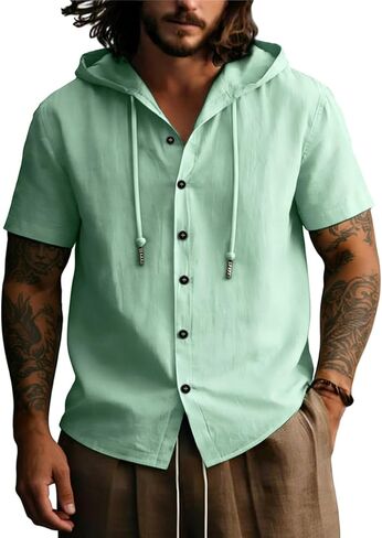 Lyocell Linen Shirts for Men Casual Summer Button Down T-Shirts Lightweight Fashion Beach Hooded Shirt Short Sleeve in Saudi Arabia