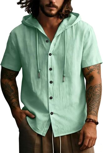 Lyocell Linen Shirts for Men Casual Summer Button Down T-Shirts Lightweight Fashion Beach Hooded Shirt Short Sleeve in Saudi Arabia