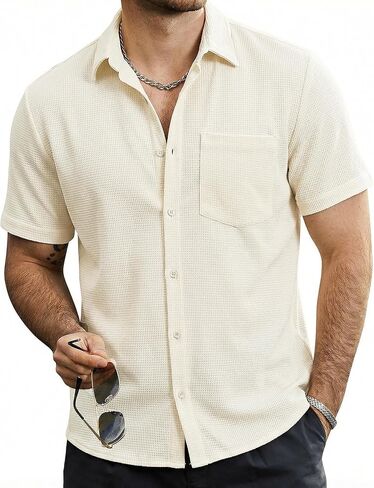 Mens Button Down Short Sleeve Shirts Casual Waffle Summer Shirts Beach Vacation Shirt in Saudi Arabia