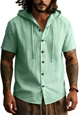 Lyocell Linen Shirts for Men Casual Summer Button Down T-Shirts Lightweight Fashion Beach Hooded Shirt Short Sleeve in Saudi Arabia