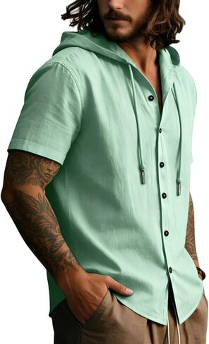 Lyocell Linen Shirts for Men Casual Summer Button Down T-Shirts Lightweight Fashion Beach Hooded Shirt Short Sleeve in Saudi Arabia