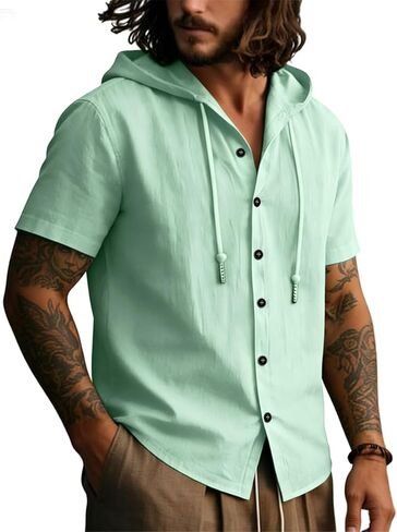 Lyocell Linen Shirts for Men Casual Summer Button Down T-Shirts Lightweight Fashion Beach Hooded Shirt Short Sleeve in Saudi Arabia