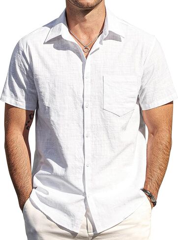 Mens Chambray Shirts Casual Button Down Shirt Short Sleeve Beach Summer Wedding Shirt in Kuwait