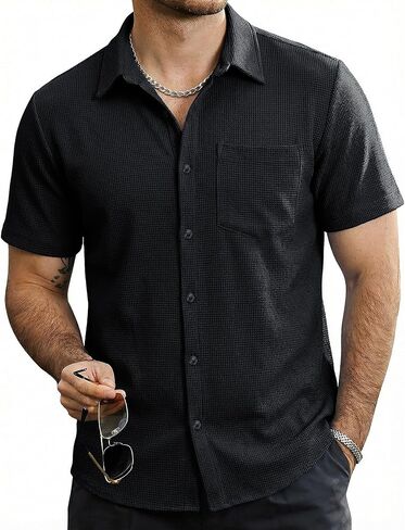 Mens Button Down Short Sleeve Shirts Casual Waffle Summer Shirts Beach Vacation Shirt in Saudi Arabia