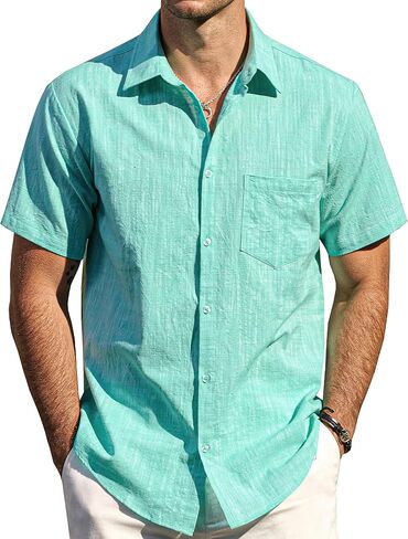 Mens Chambray Shirts Casual Button Down Shirt Short Sleeve Beach Summer Wedding Shirt in Saudi Arabia