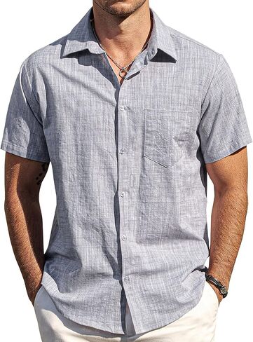 Mens Chambray Shirts Casual Button Down Shirt Short Sleeve Beach Summer Wedding Shirt in Saudi Arabia