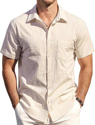 Mens Chambray Shirts Casual Button Down Shirt Short Sleeve Beach Summer Wedding Shirt in Saudi Arabia