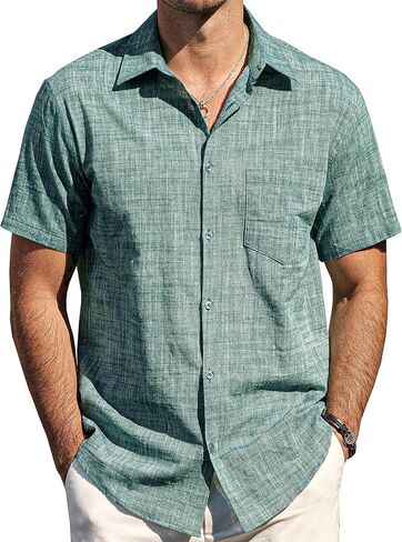 Mens Chambray Shirts Casual Button Down Shirt Short Sleeve Beach Summer Wedding Shirt in Saudi Arabia