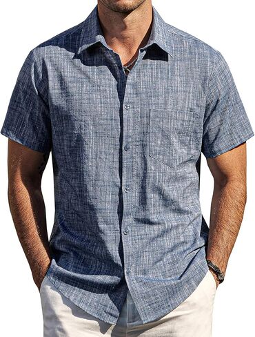 Mens Chambray Shirts Casual Button Down Shirt Short Sleeve Beach Summer Wedding Shirt in Saudi Arabia
