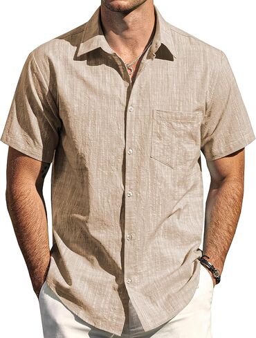 Mens Chambray Shirts Casual Button Down Shirt Short Sleeve Beach Summer Wedding Shirt in Saudi Arabia