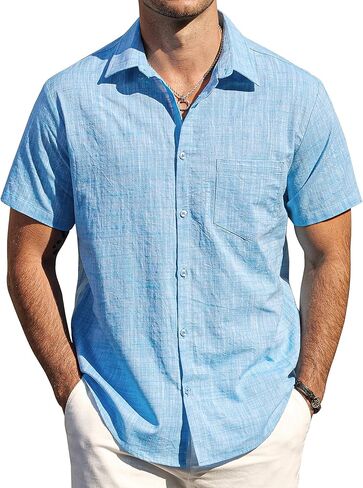 Mens Chambray Shirts Casual Button Down Shirt Short Sleeve Beach Summer Wedding Shirt in Saudi Arabia