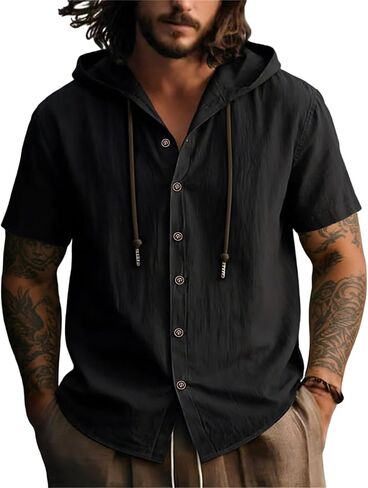 Lyocell Linen Shirts for Men Casual Summer Button Down T-Shirts Lightweight Fashion Beach Hooded Shirt Short Sleeve in Saudi Arabia