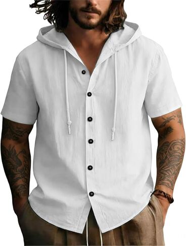 Lyocell Linen Shirts for Men Casual Summer Button Down T-Shirts Lightweight Fashion Beach Hooded Shirt Short Sleeve in Saudi Arabia