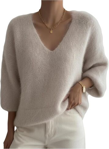 Women's 3/4 Sleeve Fuzzy Sweater Dressy Casual V Neck Loose Knit Work Pullover Tops in Saudi Arabia