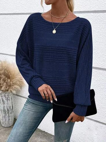 Women's Soft Ribbed Knit Sweater, Loose Fit Round Neck Pullover Sweaters, Dressy Casual Long Sleeve Tops in Saudi Arabia