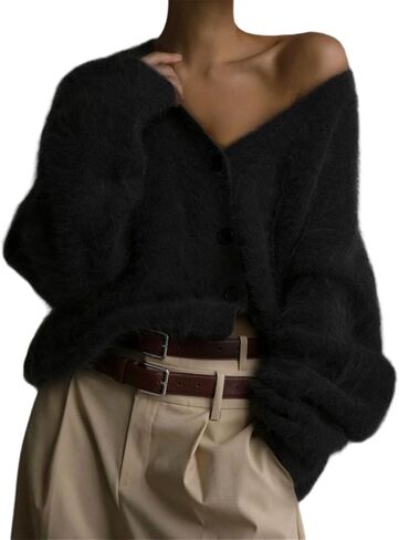 Women's Fuzzy Cardigan Sweater V-Neck Long Sleeve Button Down Coat in Saudi Arabia