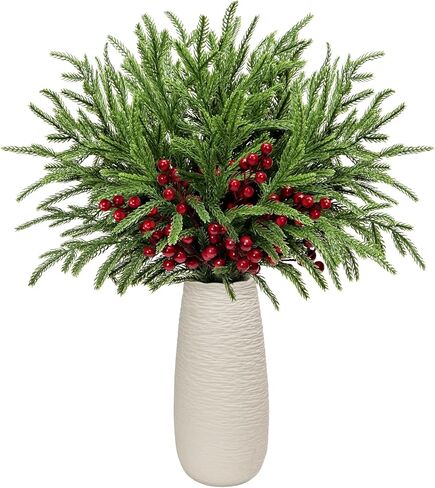 فروع الصنوبر نورفولك التوت الأحمر ينبع 17 "الخضرة الاصطناعية عيد الميلاد يختار إبر الصنوبر وهمية مع التوت هولي لشجرة عيد الميلاد حشو زينة مهرجان عطلة زهرية DIY جارلاند الحرفية (8، الثلج) in Kuwait