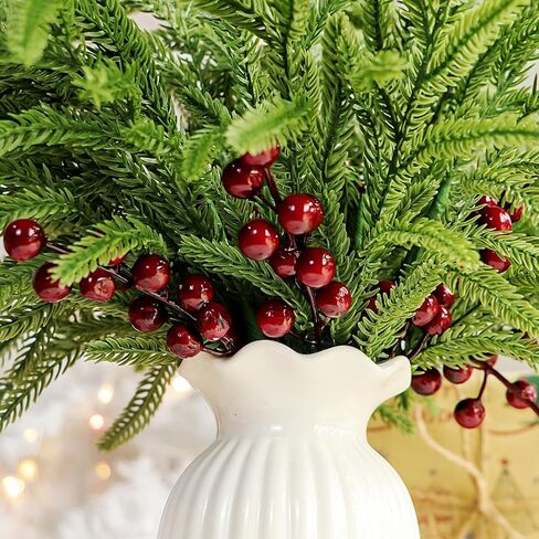 فروع الصنوبر نورفولك التوت الأحمر ينبع 17 "الخضرة الاصطناعية عيد الميلاد يختار إبر الصنوبر وهمية مع التوت هولي لشجرة عيد الميلاد حشو زينة مهرجان عطلة زهرية DIY جارلاند الحرفية (8، الثلج) in Kuwait