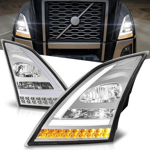 Full LED Headlight Assembly with Sequential LED Light Bar Compatible with Volvo VN VNL 300 400 430 630 740 760 860 2018-2024, Driver and Passenger Side, Black Housing Clear Lens Clear Reflector in Saudi Arabia