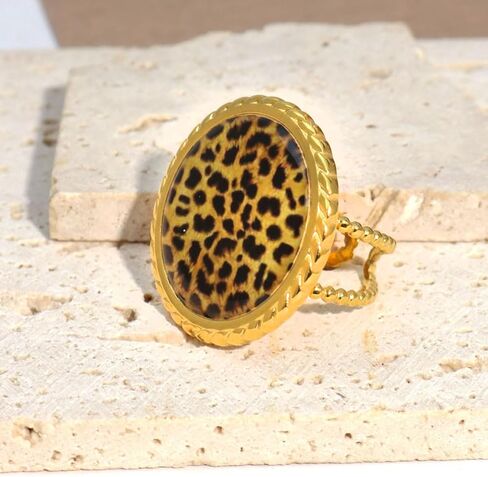 Vintage Round Coin Disic Leopard Print Ring for Women Trendy Geometry Adjustable Ring Unique Open Band Stainless Steel Gold-Tone Plated Comfort Fit Costume Jewelry Cocktail Party Prom Accessories in Saudi Arabia