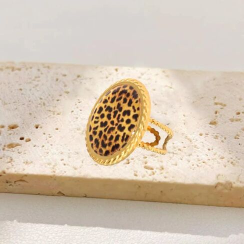 Vintage Round Coin Disic Leopard Print Ring for Women Trendy Geometry Adjustable Ring Unique Open Band Stainless Steel Gold-Tone Plated Comfort Fit Costume Jewelry Cocktail Party Prom Accessories in Saudi Arabia