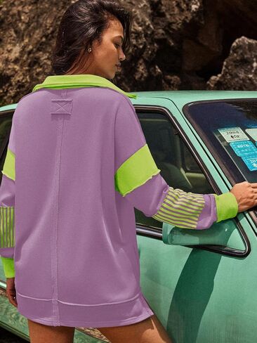 SENSERISE Womens Oversized Striped Shirt Long Sleeve Color Block Tops Casual V Neck Polo Shirts Pullover(Purple,L) in Kuwait