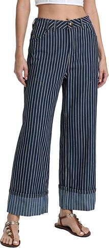 Ladyful Women's Striped Jeans High Waist Cuffed Hem Wide Straight Leg Baggy Jeans Casual Denim Pants with Pockets in Saudi Arabia