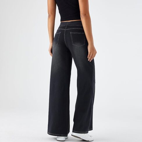Stretchy Jeans for Women High Rise Wide Leg Jeggings Elastic Waist Jeans with Pockets Suitable for Daily Wear in Saudi Arabia