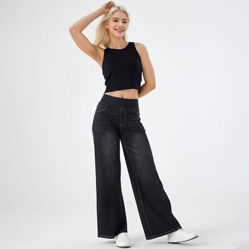 Stretchy Jeans for Women High Rise Wide Leg Jeggings Elastic Waist Jeans with Pockets Suitable for Daily Wear in Saudi Arabia