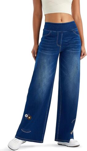 Stretchy Jeans for Women High Rise Wide Leg Jeggings Elastic Waist Jeans with Pockets Suitable for Daily Wear in Saudi Arabia