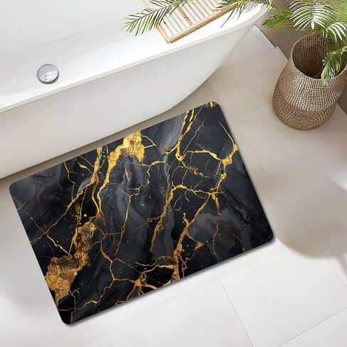 Bathroom Mat Rug Black Marble Patterned, Mat for Master Guest Bath Floor, Kitchen Bathroom Sink, Non-Slip, Ultra-Thin, Absorbent, Quick Dry, Aesthetic Bath Mat, Rubber Backing, 17 x 24 in in Saudi Arabia