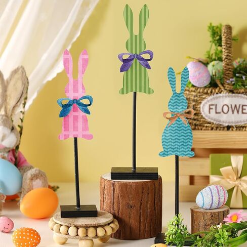3 Pcs Easter Bunny Table Decorations Wooden Bunny Tabletop Decor Rustic Rabbit Block Sign Farmhouse Spring Centerpiece Easter Decor for Home Mantel Office Desk in Saudi Arabia