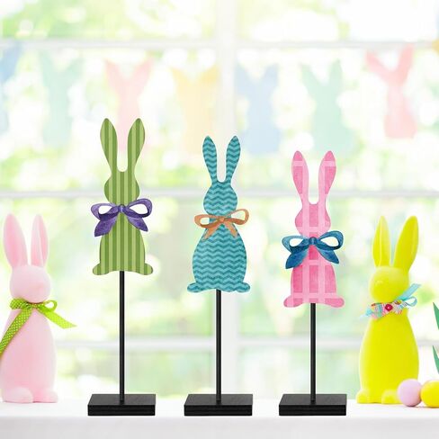 3 Pcs Easter Bunny Table Decorations Wooden Bunny Tabletop Decor Rustic Rabbit Block Sign Farmhouse Spring Centerpiece Easter Decor for Home Mantel Office Desk in Saudi Arabia