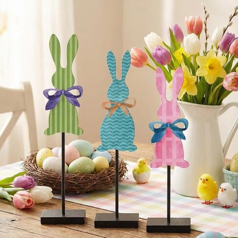 3 Pcs Easter Bunny Table Decorations Wooden Bunny Tabletop Decor Rustic Rabbit Block Sign Farmhouse Spring Centerpiece Easter Decor for Home Mantel Office Desk in Saudi Arabia