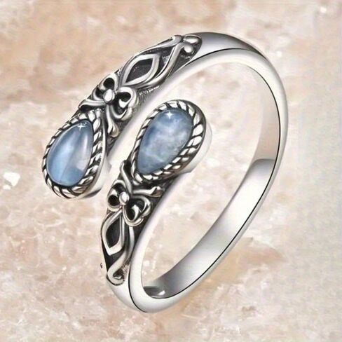 Bohemian Inlay Synthetic Moonstone Carved Flowers Adjustable Opening Ring for Women Daily Vacation Party Vintage Jewelry Valentine's Day gift in Saudi Arabia
