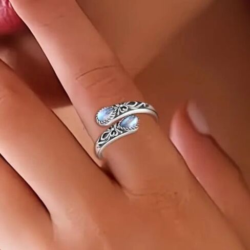 Bohemian Inlay Synthetic Moonstone Carved Flowers Adjustable Opening Ring for Women Daily Vacation Party Vintage Jewelry Valentine's Day gift in Saudi Arabia