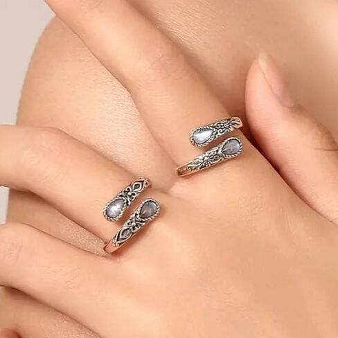 Bohemian Inlay Synthetic Moonstone Carved Flowers Adjustable Opening Ring for Women Daily Vacation Party Vintage Jewelry Valentine's Day gift in Saudi Arabia