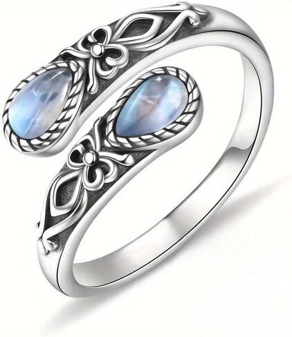 Bohemian Inlay Synthetic Moonstone Carved Flowers Adjustable Opening Ring for Women Daily Vacation Party Vintage Jewelry Valentine's Day gift in Saudi Arabia
