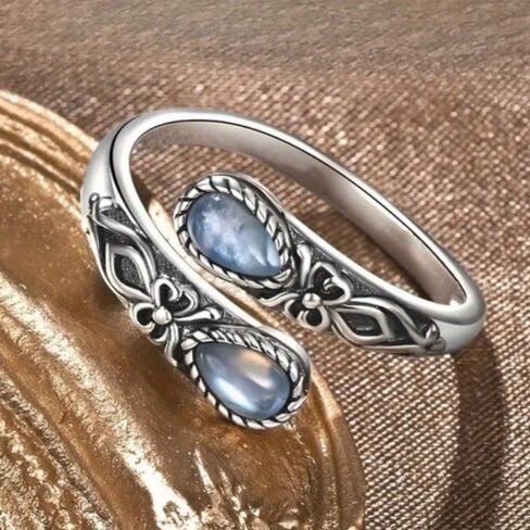 Bohemian Inlay Synthetic Moonstone Carved Flowers Adjustable Opening Ring for Women Daily Vacation Party Vintage Jewelry Valentine's Day gift in Saudi Arabia