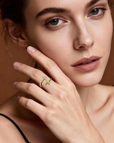 Double Cross Open Ring for Women 14K Gold Plated Adjustable Purity Ring with Cubic Zirconia Elegant Jewelry Gift in Saudi Arabia