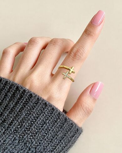 Double Cross Open Ring for Women 14K Gold Plated Adjustable Purity Ring with Cubic Zirconia Elegant Jewelry Gift in Saudi Arabia
