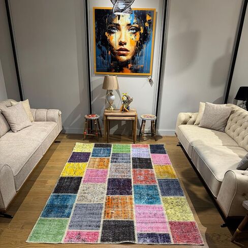 Handmade Vintage Patchwork Area Rug 6x9 – One of a Kind Designer Turkish Wool Rug, Luxury Bohemian Living Room Statement Carpet (F22) in Saudi Arabia