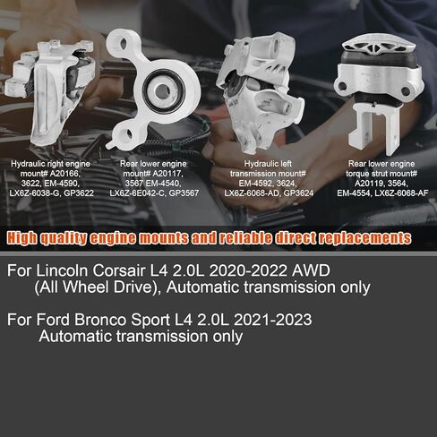 4Pcs Engine Motor Mount & Transmission Mount, For Lincoln Corsair L4 2.0L 2020-2022 AWD, For F-ord Bronco Sport L4 2.0L 2021-2023, Replace# 3622 3567 3564 3624 in Kuwait
